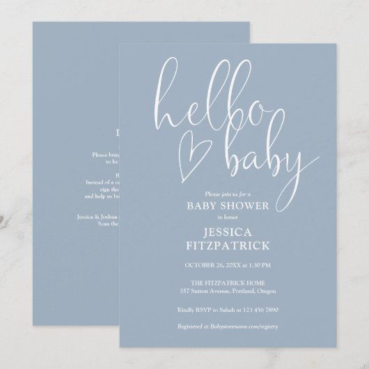 Dusty Blue All In One QR Code Hello Baby Shower 招待状 (正面/裏面)