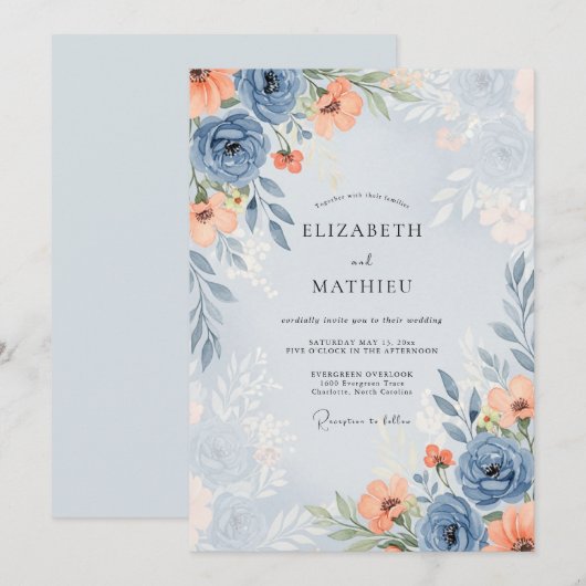 Dusty Blue Alluring Spring Wedding 招待状 (正面/裏面)