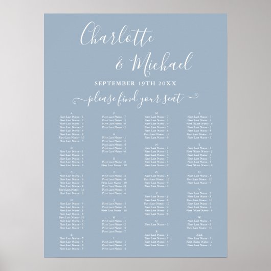 Dusty Blue Alphabetical Wedding Seating Chart ポスター (正面)