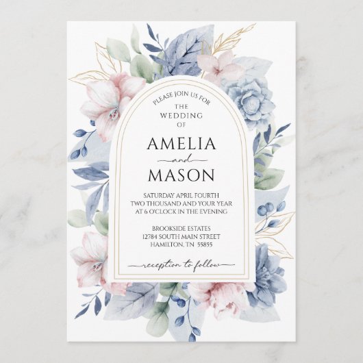 Dusty Blue and Blush Pink Floral Arch Wedding 招待状 (正面)