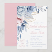 Dusty Blue and Blush Pink Floral Bridal Shower  招待状 (正面/裏面)