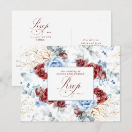 Dusty Blue and Burgundy Red Wedding RSVP Postcard ポストカード