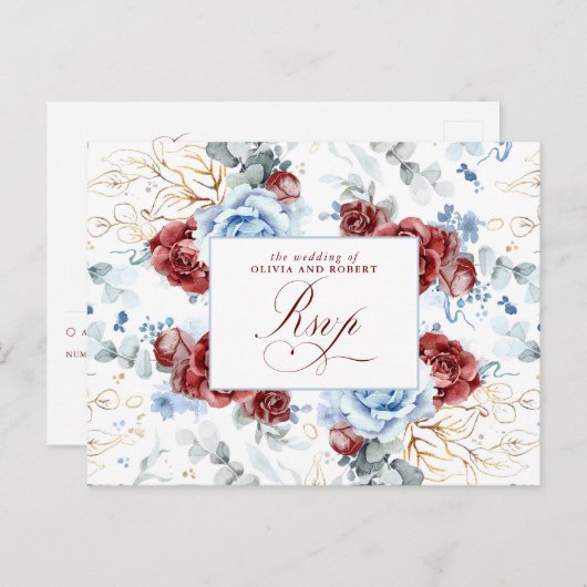 Dusty Blue and Burgundy Red Wedding RSVP Postcard ポストカード (正面/裏面)