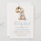 Dusty Blue and Gold Bearly Wait Bear Baby Shower 招待状 (正面)