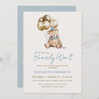 Dusty Blue and Gold Bearly Wait Bear Baby Shower 招待状