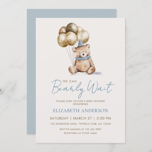Dusty Blue and Gold Bearly Wait Bear Baby Shower 招待状 (正面/裏面)
