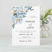 Dusty Blue and Gold Elegant Floral Rustic Wedding  招待状 (スタンド正面)
