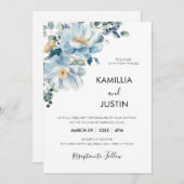 Dusty Blue and Gold Elegant Floral Rustic Wedding  招待状 (正面/裏面)