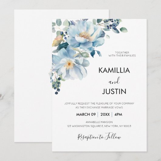 Dusty Blue and Gold Elegant Floral Rustic Wedding  招待状 (正面/裏面)