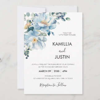 Dusty Blue and Gold Elegant Floral Rustic Wedding  招待状