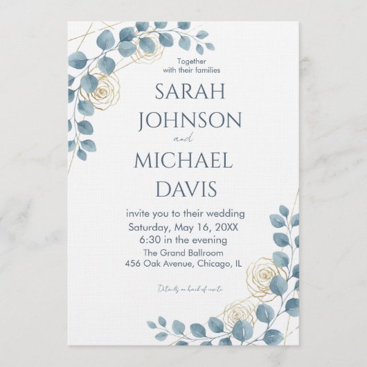 Dusty Blue and Gold Floral wedding 招待状 (正面)