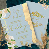Dusty Blue and Gold Rustic Boho Floral Wedding 招待状