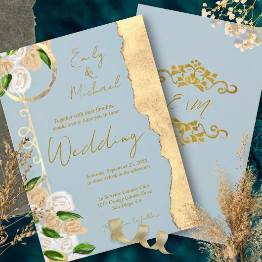 Dusty Blue and Gold Rustic Boho Floral Wedding 招待状