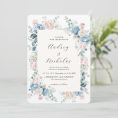 Dusty Blue and Peach Elegant Floral Wedding 招待状 (スタンド正面)