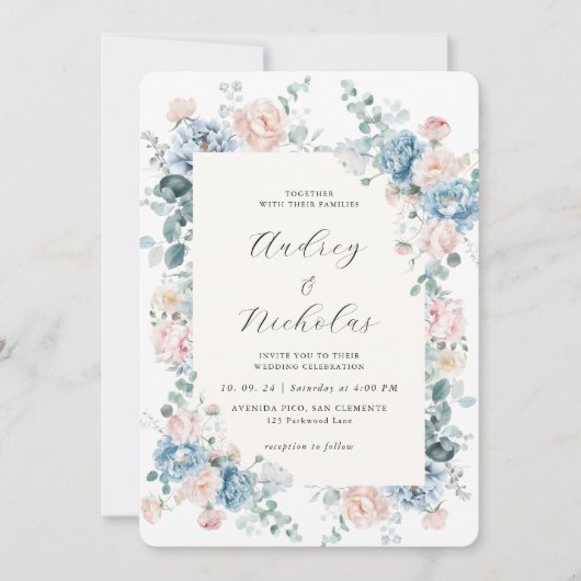Dusty Blue and Peach Elegant Floral Wedding 招待状 (正面)