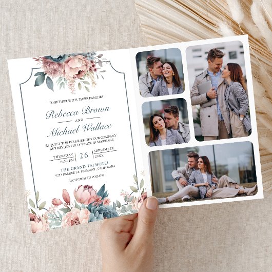 Dusty Blue and Pink Floral QR Code Wedding 招待状
