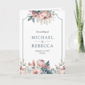 Dusty Blue and Pink Floral QR Code Wedding 招待状 (正面)