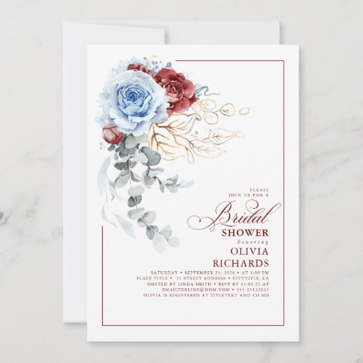 Dusty Blue and Red Floral Botanic Bridal Shower 招待状 (正面)