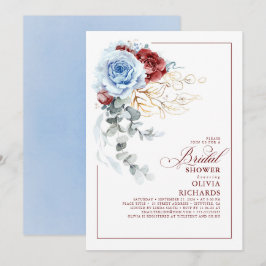 Dusty Blue and Red Floral Botanic Bridal Shower 招待状