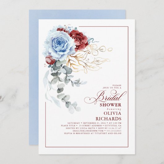 Dusty Blue and Red Floral Botanic Bridal Shower 招待状 (正面/裏面)