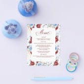 Dusty Blue and Red Floral Elegant Wedding Menu チラシ (シングル)