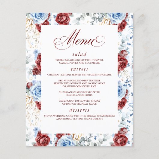 Dusty Blue and Red Floral Elegant Wedding Menu チラシ (正面)