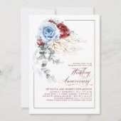Dusty Blue and Red Floral Wedding Anniversary 招待状 (正面)