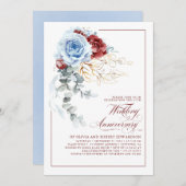 Dusty Blue and Red Floral Wedding Anniversary 招待状 (正面/裏面)