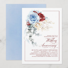 Dusty Blue and Red Floral Wedding Anniversary 招待状