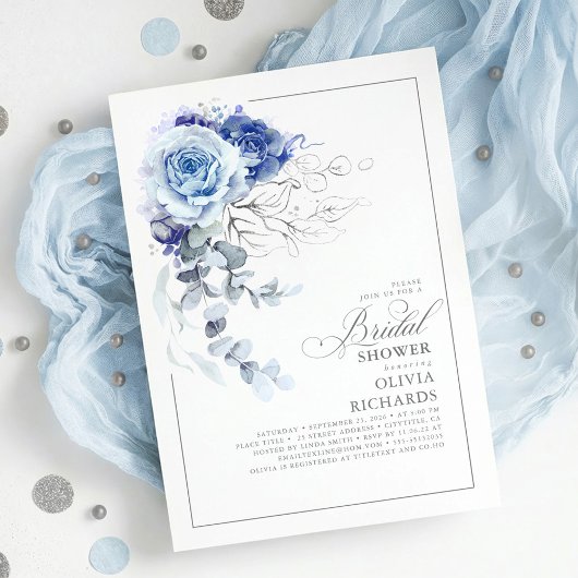 Dusty Blue and Silver Floral Botanic Bridal Shower 招待状