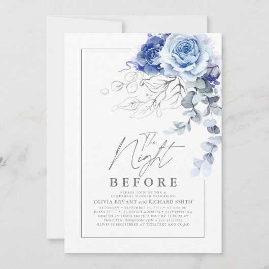 Dusty Blue and Silver Floral Rehearsal Dinner 招待状 (正面)