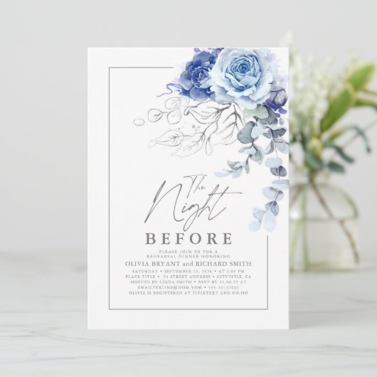 Dusty Blue and Silver Floral Rehearsal Dinner 招待状 (スタンド正面)