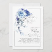 Dusty Blue and Silver Floral Wedding Anniversary 招待状 (正面)