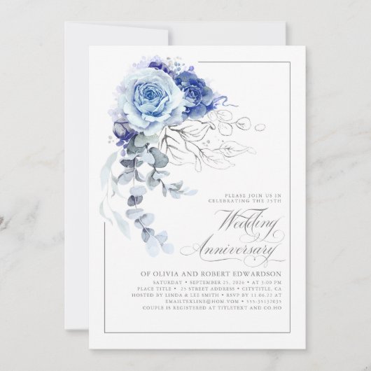 Dusty Blue and Silver Floral Wedding Anniversary 招待状 (正面)