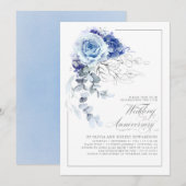 Dusty Blue and Silver Floral Wedding Anniversary 招待状 (正面/裏面)
