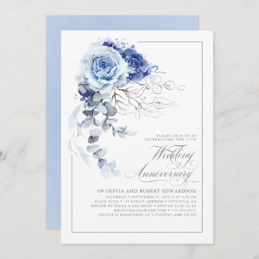 Dusty Blue and Silver Floral Wedding Anniversary 招待状 (正面/裏面)