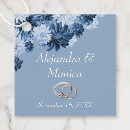 Dusty Blue and Silver Rings Floral Wedding Favor T フェイバータグ (正面)