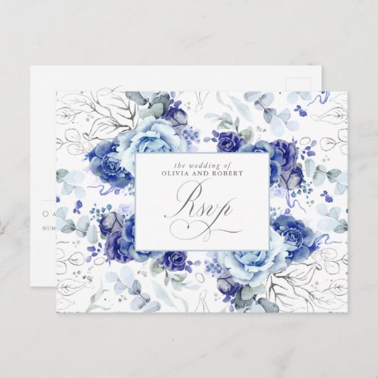 Dusty Blue and Silver Wedding RSVP Postcard ポストカード (正面/裏面)