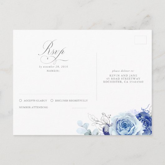 Dusty Blue and Silver Wedding RSVP Postcard ポストカード (裏面)