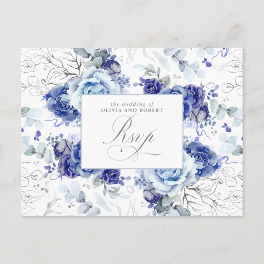 Dusty Blue and Silver Wedding RSVP Postcard ポストカード (正面)