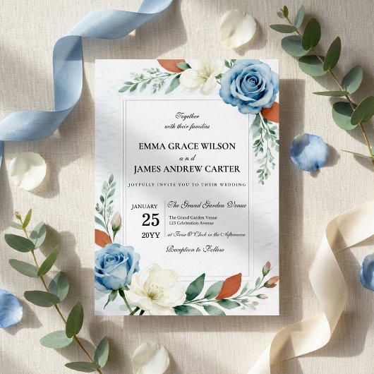 Dusty Blue and Terracotta Floral Wedding 招待状