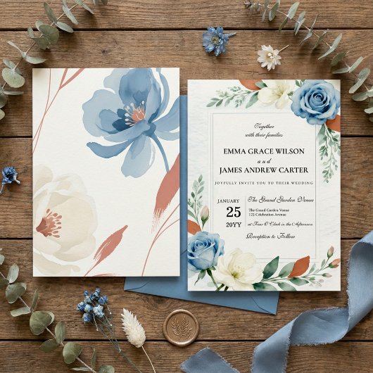 Dusty Blue and Terracotta Floral Wedding 招待状