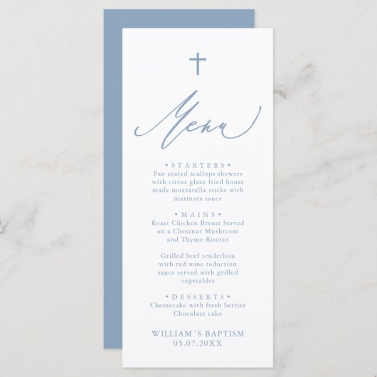 Dusty Blue and White Cross Boy Baptism Menu Card メニュー (正面/裏面)