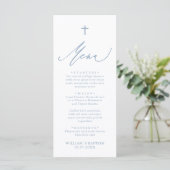 Dusty Blue and White Cross Boy Baptism Menu Card メニュー (スタンド正面)