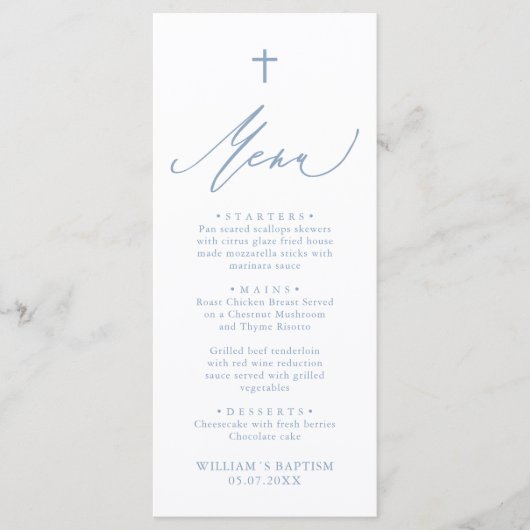 Dusty Blue and White Cross Boy Baptism Menu Card メニュー (正面)