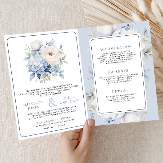 Dusty Blue and White Floral All in One Wedding 招待状