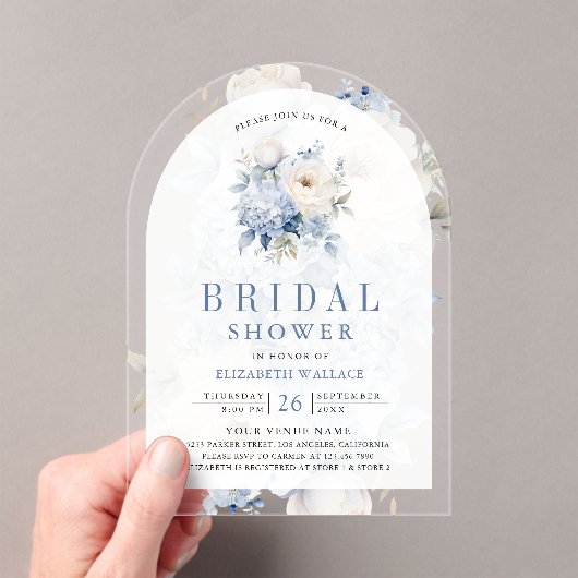Dusty Blue and White Floral Bridal Shower アクリル招待状 (インサイチュ (ポータブル))