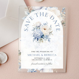 Dusty Blue and White Floral Wedding Save the Date アクリル招待状