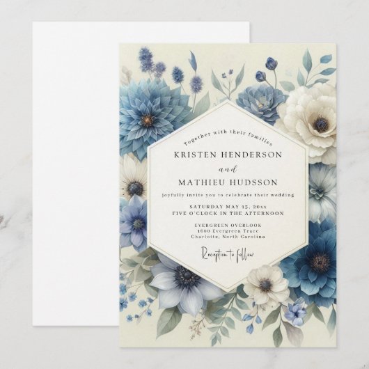 Dusty Blue Anemone Wedding 招待状 (正面/裏面)
