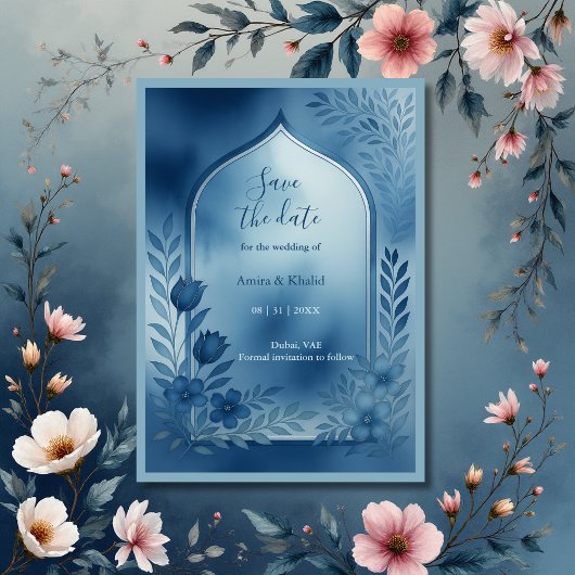 Dusty Blue arch floral Wedding save the date  招待状
